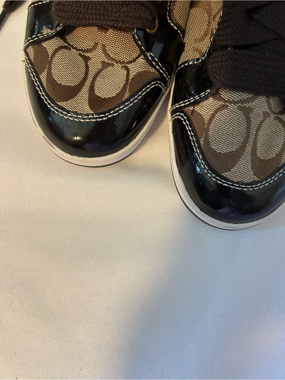 Coach Brown Signature High-Top Sneakers with Black Patent Trim - Picture 3 of 5